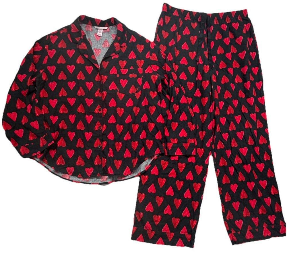 Victorias Secret 2 Piece Pajama Set Large Black Red Heart Print Valentines Set